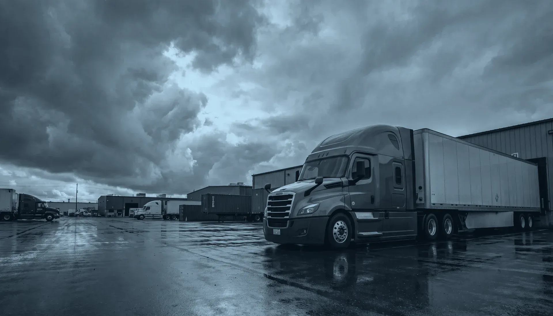 A sleeper truck and dry van trailer at a freight depot under a storm sky